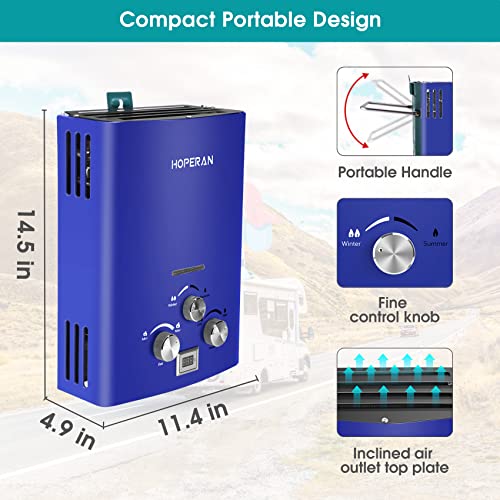 Outdoor Propane Water Heater - 1.6GPM 6L Portable Gas Water Heater, Easy to Install, Propane Tankless Water Heater, Instant Hot Water for Shower - Use for RV Cabin Camping Boat, Blue