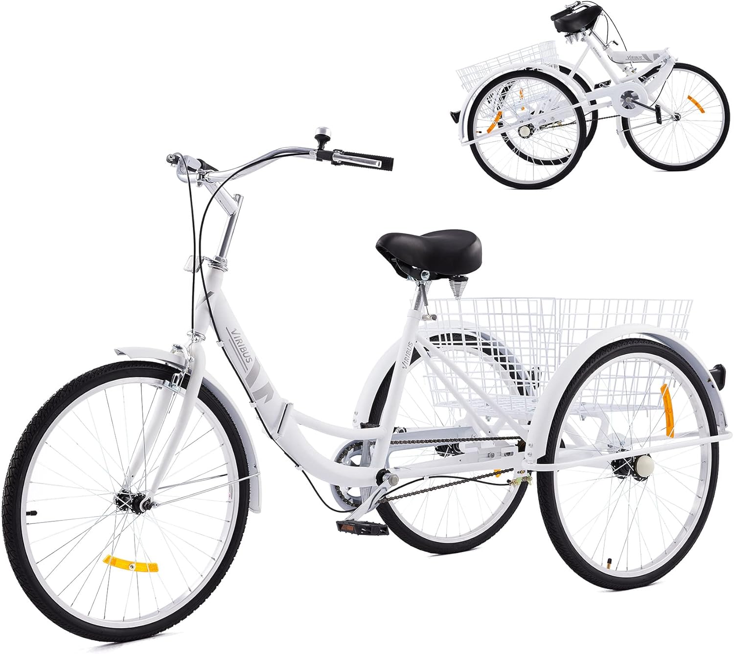 Viribus 26 Adult Folding Tricycle 1 Speed High Carbon Steel Three Wheeled Trike with Large Rear Basket Adjustable Spring Saddle Rubber Tires Bell Reflectors