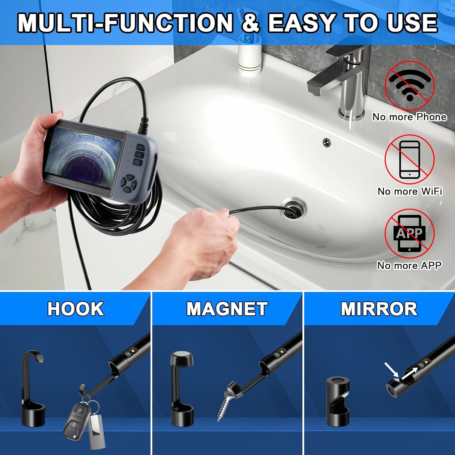 Inspection Camera with Light, 1080P HD Video Plumbing Camera with Dual Lens Endoscope Sewer Camera IP67 Waterproof for Home Wall Duct Pipe (16.5 FT)