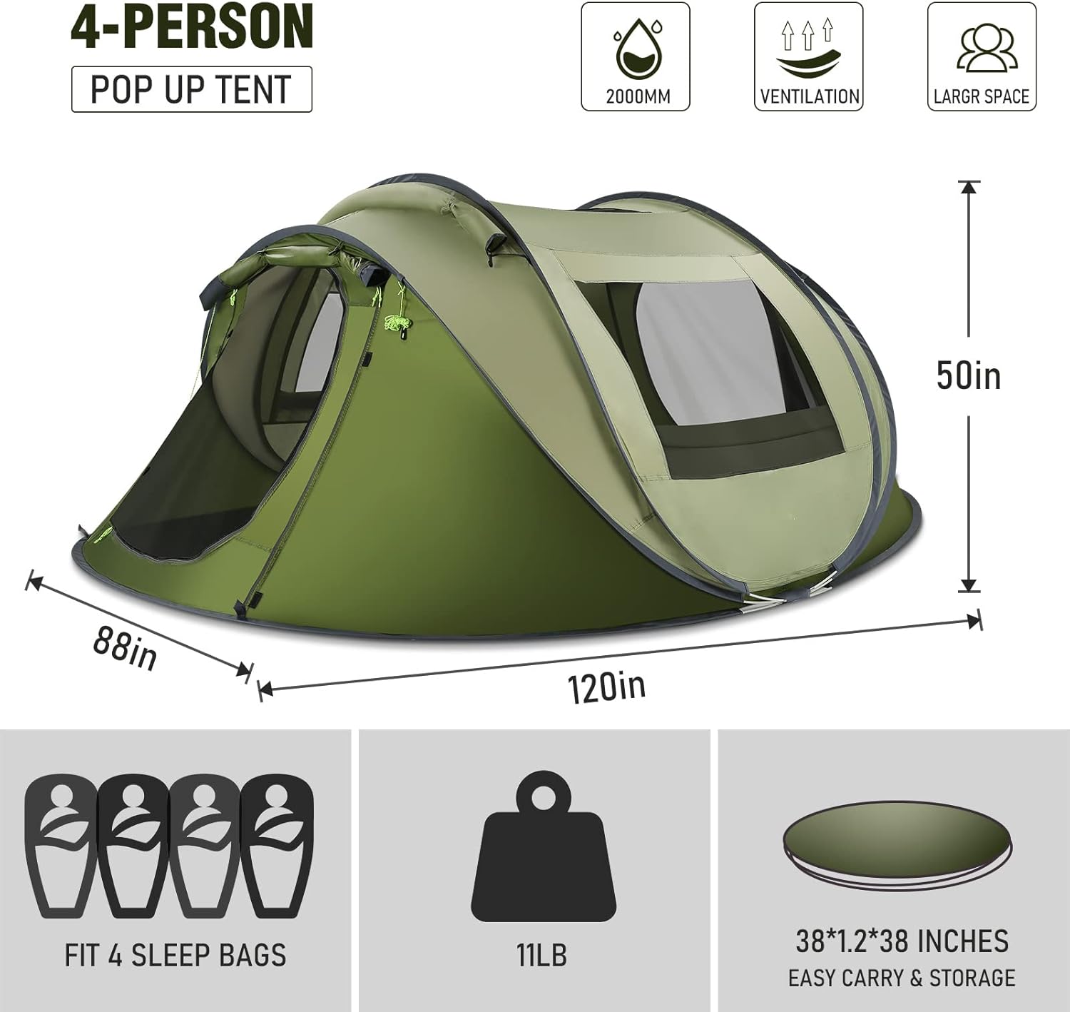 Pop Up Tent 4 Person, Camping Tent with 2000mm Waterproof & Carry Bag, Windproof, Automatic Set up, Lightweight for Camping, Backpacking & Hiking