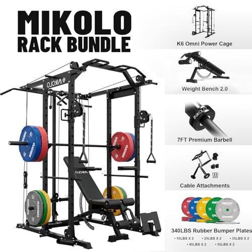 Mikolo Power Cage, Power Rack with Cable Crossover System, 1500LBS Squat Rack with LAT Pull Down System, Workout Cage with Pulley System for Fitness Home Gym