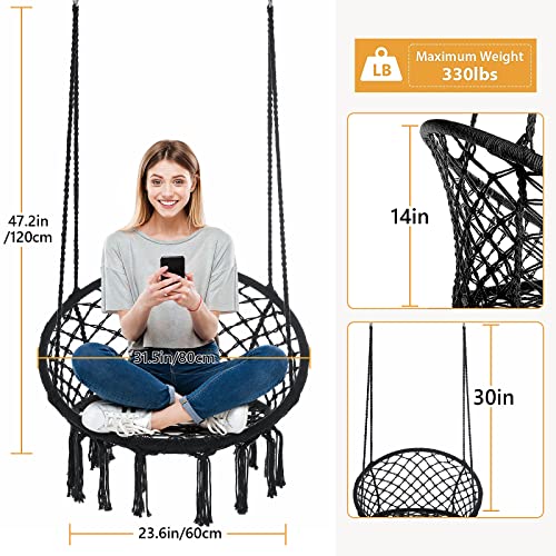 Hammock Chair Macrame Swing Set of 2 Bohemian Style Hammock Swing Chair with Tassels Hanging Swing Chair Handmade Knitted Cotton Rope for Indoor Outdoor Bedroom Patio Max 330 Lbs Black