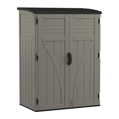 Suncast 54 Cubic Ft. Vertical Resin Outdoor Storage Shed with Lockable Double Doors, Weather-Resistant Multi-Wall Panels, Customizable Shelving, Stoney, Made in the USA