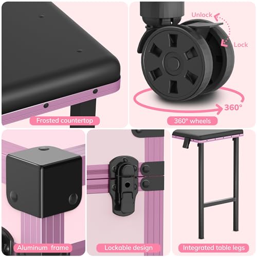 EASYINBEAUTY Rolling Portable Manicure Table with 2 Drawers, Mirror & Nail Polish Organizer, Lockable Makeup Train Case with Foldable Nail Desk, Cosmetic Travel Case for Workstation Mobile, Nail tech