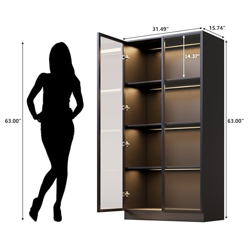 Display Cabinet with Glass Doors & Lights, 3-Tier Storage Cabinet + 2 Drawers Trophy Curio Display, Lighted Bookcase for Home Office, Black…