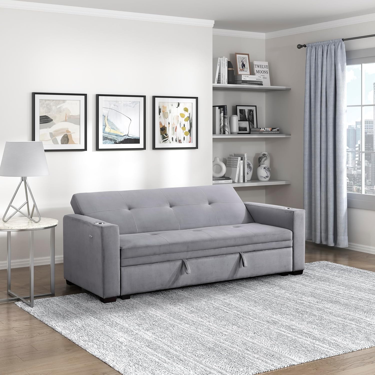 Lexicon Futon Sofa Bed, 83.5" Couch, Sleeper Sofa, Velvet Futon with Storage, Armrest, Two Cup Holders and USB Ports, Sofa Cama, Couches for Living Room and Bedroom, Grey