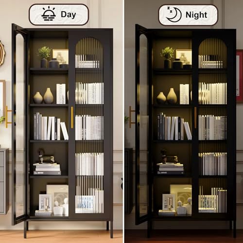 71” Tall Curio Cabinet, Display Cabinet with Glass Doors and Lights, Metal Kitchen Pantry Cabinet, Hutch Cabinet with Adjustable Shelves, China Cabinet for Dining Room, Living Room, Black