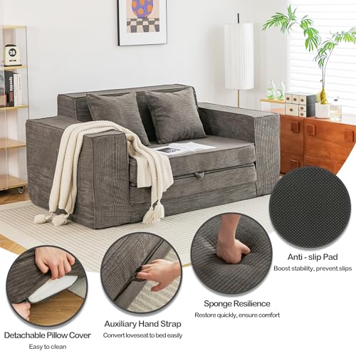 HOMREST 76" Convertible Memory Foam 3-seat Sofa, Pull Out Sleeper Sofa Bed, 2 in 1 Folding Couch Bed, Fold Out Floor Couch Corduroy Fabric with 3 Pillows for Living Room Bedroom Lounge (Grey)