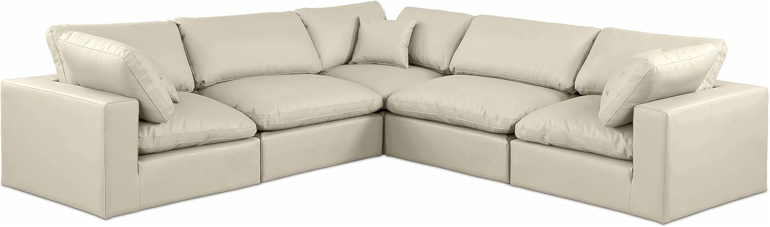 Meridian Furniture Comfy Collection Modern | Contemporary Upholstered Modular Sectional, Soft Vegan Leather, Fiber-Filled, 120" W x 120" D x 35" H, Cream