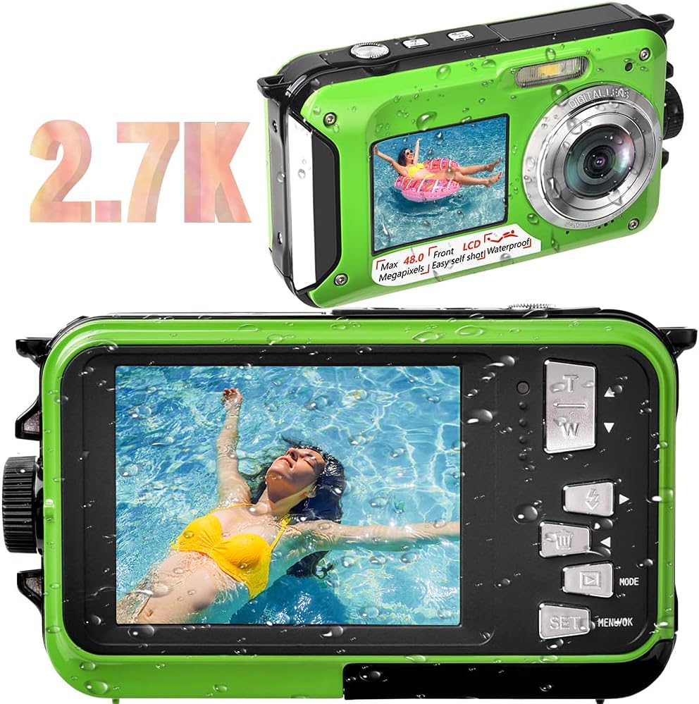 Waterproof Camera Waterproof Digital Camera 48MP Image 2.7K Video Underwater Camera for Snorkeling | Dual Screen | 16X Digital Zoom | Flashlight | 10 Feet Waterproof (Blue) Pack of 2