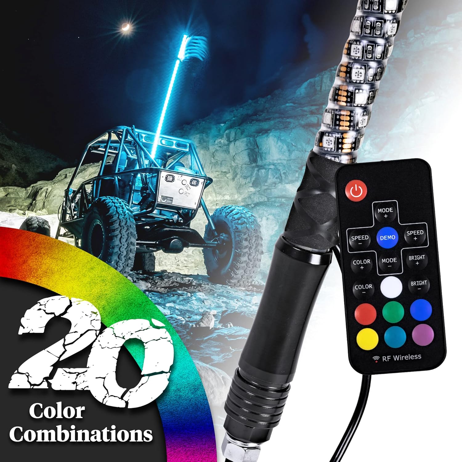 2pc 3ft Spiral LED Whip Lights for UTV ATV [21 Modes] [20 Colors] [RF Wireless Remote] [Weatherproof] [USA Flag] LED Lighted Whips Antenna for RZR Can-Am Polaris UTV ATV Accessories