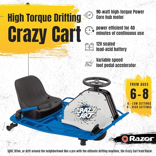 Razor Crazy Cart – 12 MPH (19 KMH) Ultimate Drifting Machine with 40 Min Ride Time, High-Torque Motor and Pro-Style Drift Bar for Extreme Fun, Blue