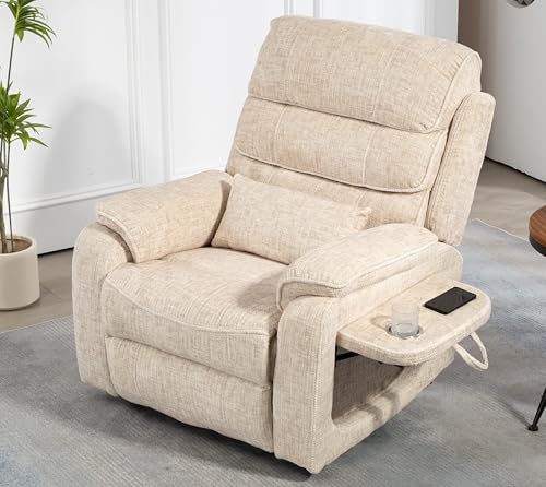 Light Grey Recliner Chair for Elderly | Tall and Big Man 400lbs | Chenille | Power Lift, Lay Flat, Stand Up, Wireless Charging Device, Extended Footrest, Massage Heat, Cup Holder, Lumbar Pillow