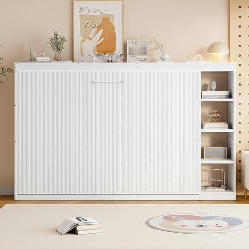 Wooden Murphy Cabinet Bed Frame with Charging Station, Full-Size Foldable Wall Bed with Large Storage Drawer for Home Apartment Limited Living Places, Space-Saving Hidden Bed No Box Spring Needed