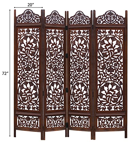Room Divider Wood Screen - Ghanti Bells Antique Brown - 4 Panel Folding 72 x 80 - Assembled Hand Carved Decorative Functional Versatile Portable Partition Reversible Privacy Boho - COTTON CRAFT