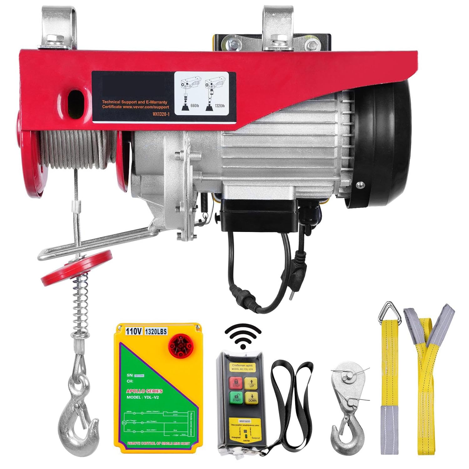 DOUKI Heavy Duty Electric Hoist with Wireless Remote Control - 1320 lbs Lifting Capacity, 1150W 110V Steel Wire Winch, 40ft Single Cable Lifting Height - Ideal for Garage, Warehouse, Factory