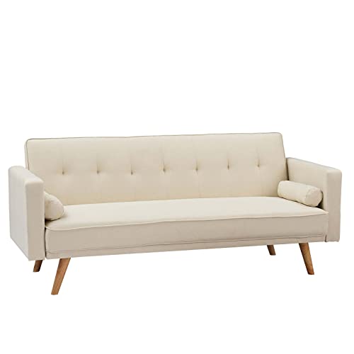 TMEOSK 71” Convertible Futon Sofa Bed, Folding Couch Loveseat Sofa with 2 Throw Pillows, Upholstered Recliner Sleeper Sofa Bed with Removable Armrests for Home Living Room Dorm Office (Beige)
