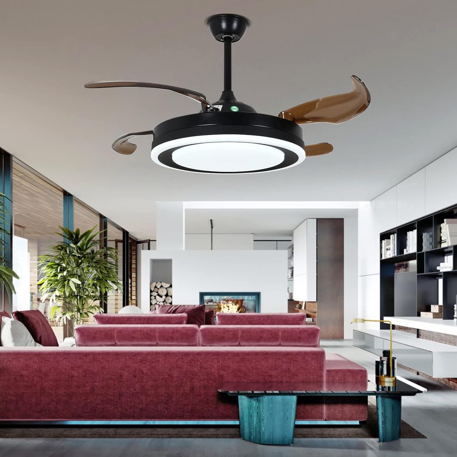 OUKANING 42 Inch Retractable Ceiling Fan, Reversible Fandelier with Lights Remote Silent Motor, 6 Speed, 3 Color Change, Timer, Chandelier for Bedroom Living Room