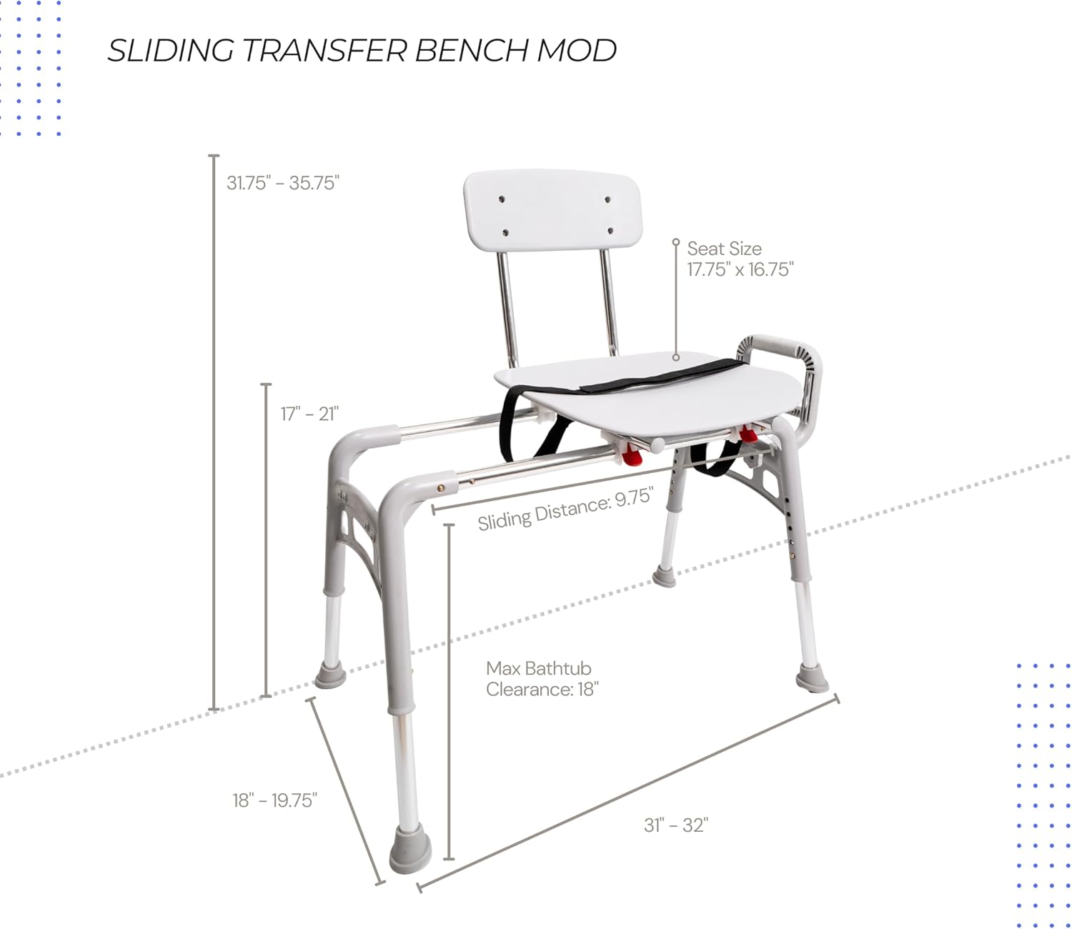 Eagle Health Supplies Sliding Transfer Bench & Tub Shower Chair MOD w/Interchangeable Arm Rest, Height Adjustable, High Weight Capacity up to 350 LBs, for Safety Shower, for Elderly & Disabled (80211)