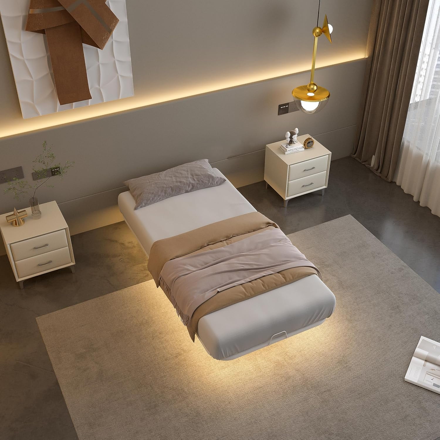 YINCHEN Floating Metal Bed Frame - Twin Size Modern Platform with Smart LED Lights, Heavy Duty Bed Mattress Foundation, No Box Spring Needed, Warm White