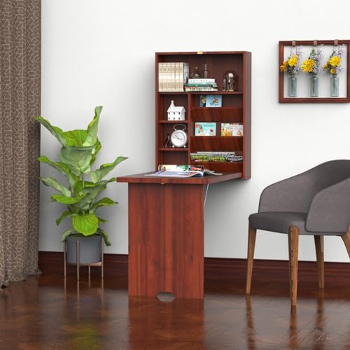 Wall Mounted Desk Cabinet - Fold Out Convertible Desk - Folding Work Table - Floating Desk with Storage Shelves - Multifunctional Writing Desk - Space Saving and Water Resistant - Mahogany