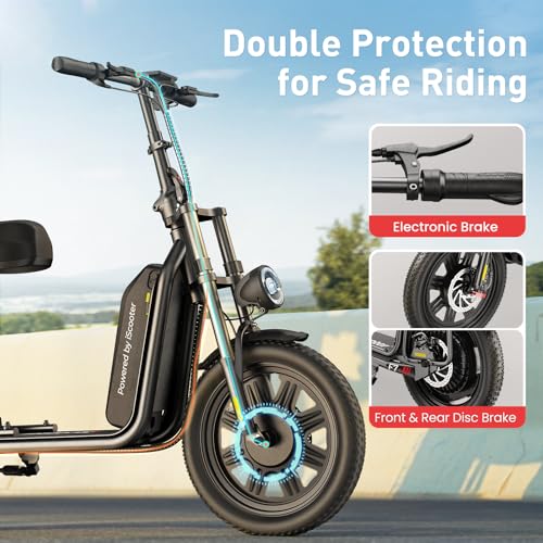 iScooter Electric Scooter with Seat, 37/21 Miles Long Range & 28/19/15.6 MPH Top Speed, 14"/12"/10" Pneumatic Tire, Height Adjustable Seat & Handlebar, Dual Suspensions Commuting Scooter with Basket