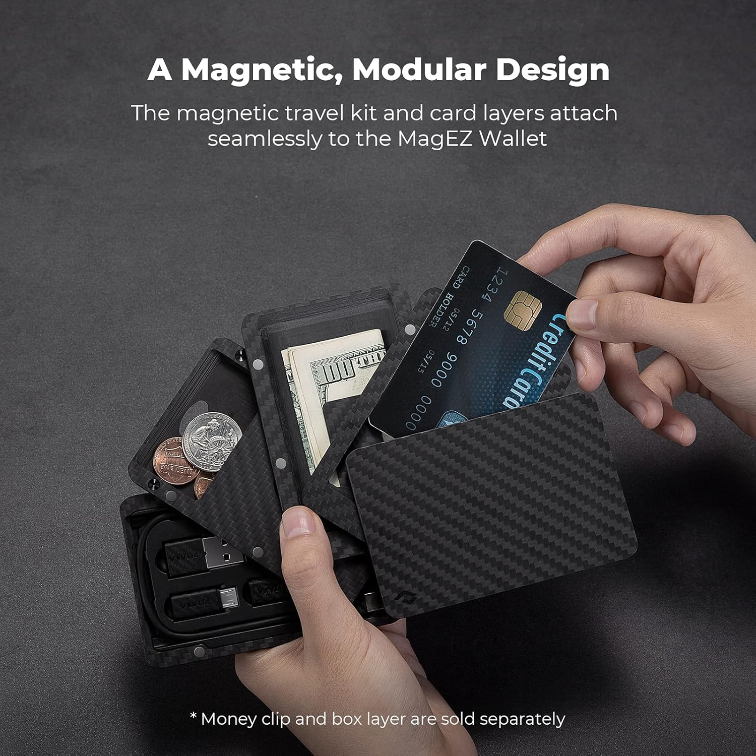 PITAKA MagEZ Digital Travel Kit Carbon Fiber Wallet Modular Layered Portable Electronic Tool Kit Contains Type-C Cable Adapters Built-in SD Card Reader 16GB Thumb Drive Store Sim and SD Cards