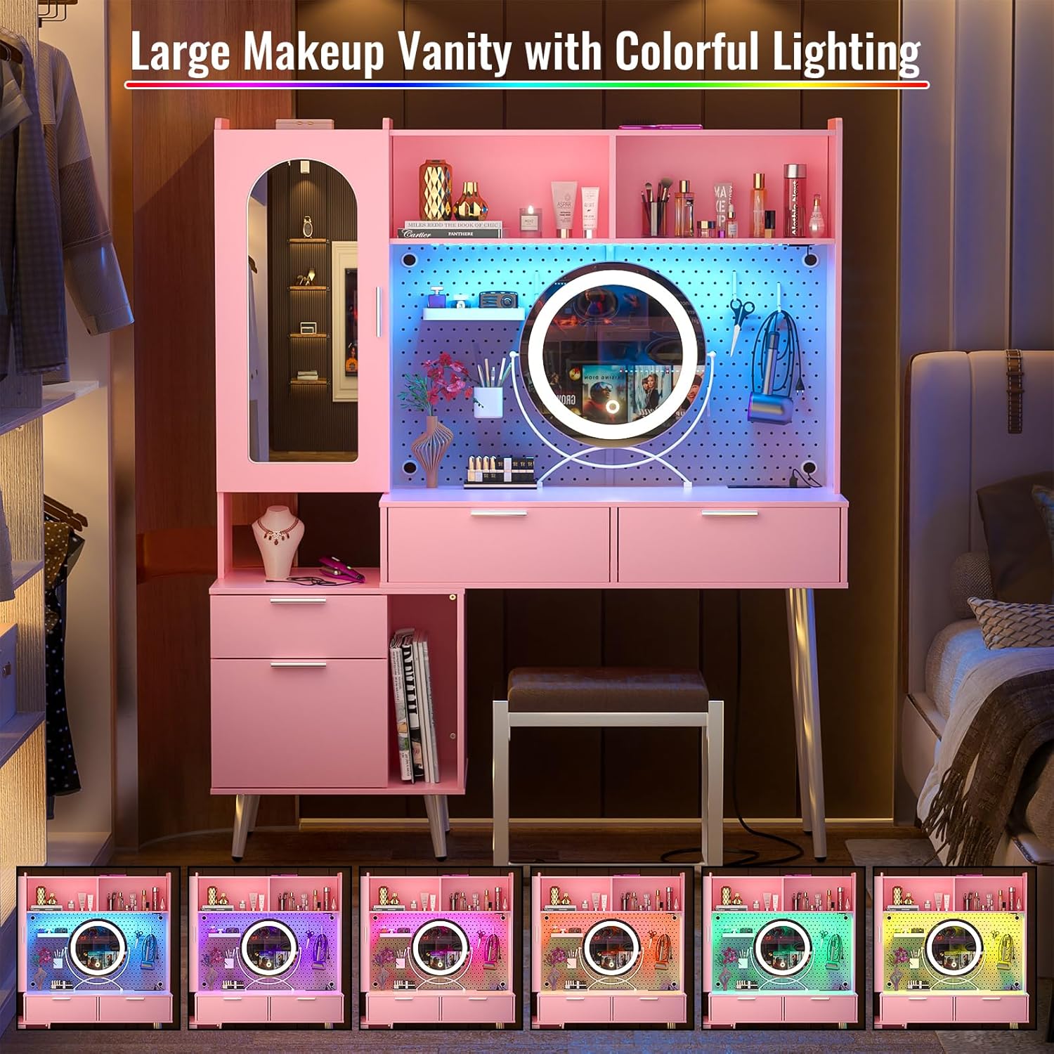 Homieasy Vanity Desk with Mirror & LED Light & Charging Station, 48 Inch Large Makeup Vanity with Ample Storage, Vanity Table with Drawers, Cabinet, Pegboard, Shelves, Storage Hutch, Pink