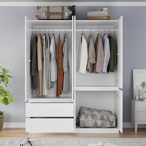 Armoire Wardrobe Closet with Drawers and Doors, 4 Door 2 Drawers White Bedroom Armoires Wooden Wardrobe with Shelves and Hanging Rod, 20.39" D x 63" W x 78.74" H