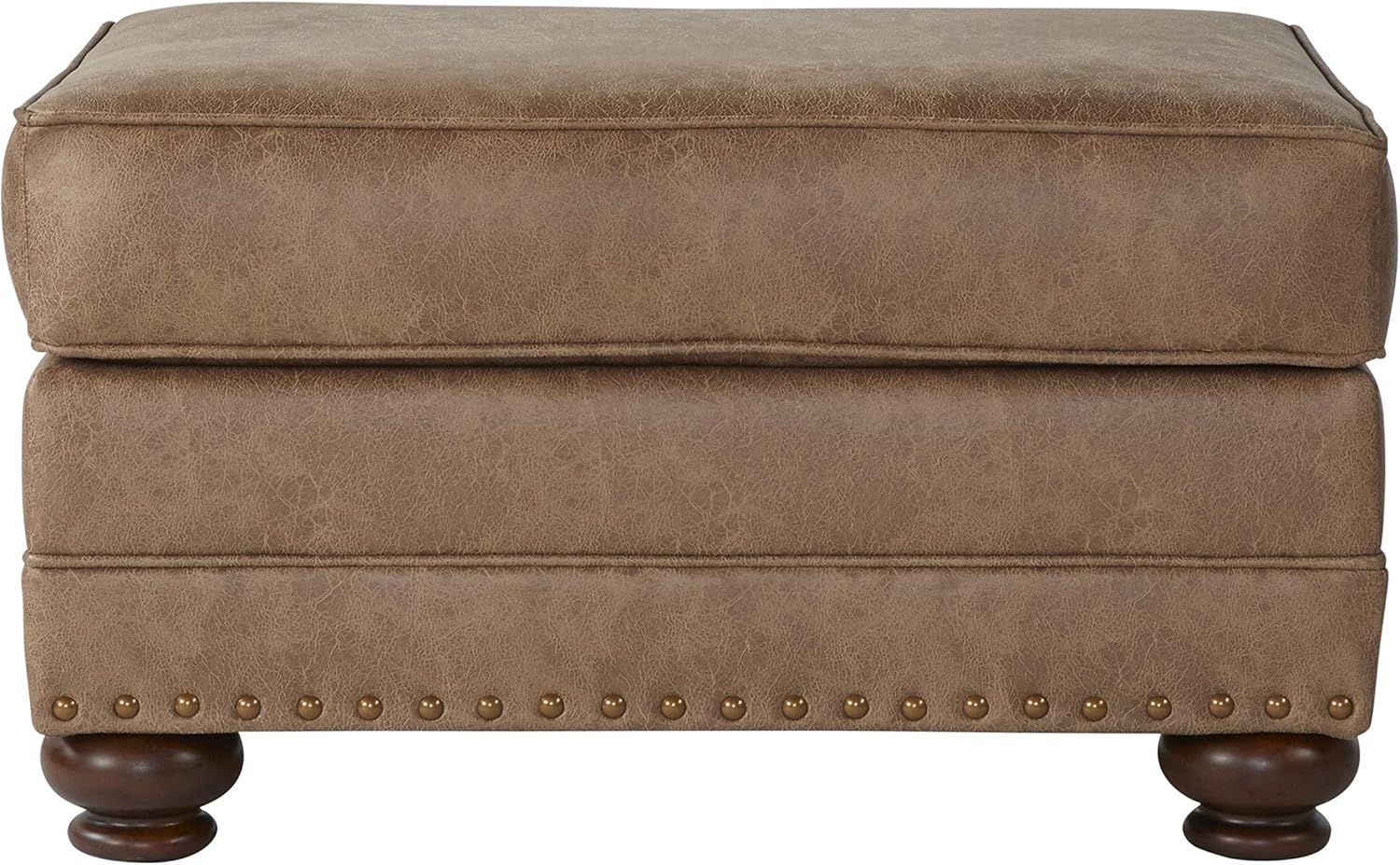 Roundhill Furniture Leinster Faux Leather Ottoman with Antique Bronze Nailheads in Jetson Ginger