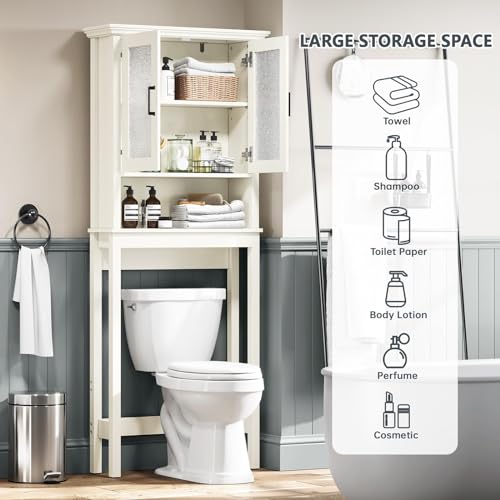 Over The Toilet Storage Cabinet, Over Toilet Bathroom Organizer with Glass Doors and Adjustable Shelf, Thicken Frame above Toilet Storage Cabinet Behind Toilet Bathroom Organizer, Espresso