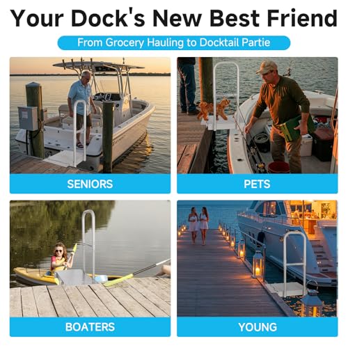 Folding Boat Boarding Platform with Handrail – Anti-Rust Dock Steps for Lake, 500lbs Capacity, Non-Slip Surface, Ground Lock & Bumper Strip – Dock Ramp for Boats, Pontoons, Yachts