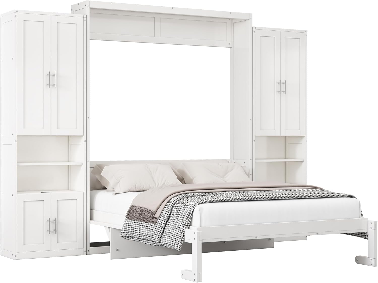 Merax Queen Size Murphy Bed with 2 Side Cabinet Storage Shelves Cabinet Folding Wall Bed with Desk Combo for Guest Room,Study,Office,White