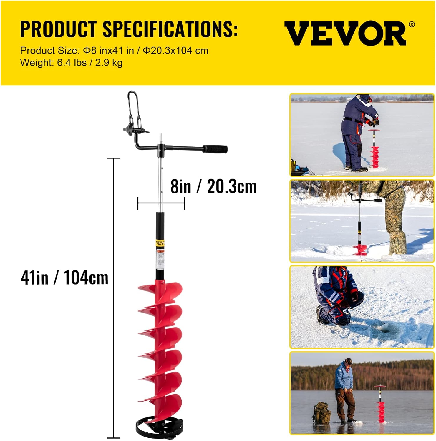 VEVOR Ice Drill Auger, 8'' Diameter Nylon Ice Auger, 41'' Length Ice Auger Bit, Auger Drill w/ 14'' Adjustable Extension Rod, Rubber Handle, Drill Adapter, Replaceable Auger Blade for Ice Fishing Red