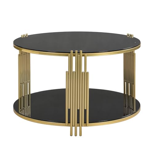 LUMISOL Round Mirror Coffee Table with Tempered Glass Tabletop and Circular Metal Drum Base, 31.5" Cocktail Table with Asymmetrical Metal Tubing, Black
