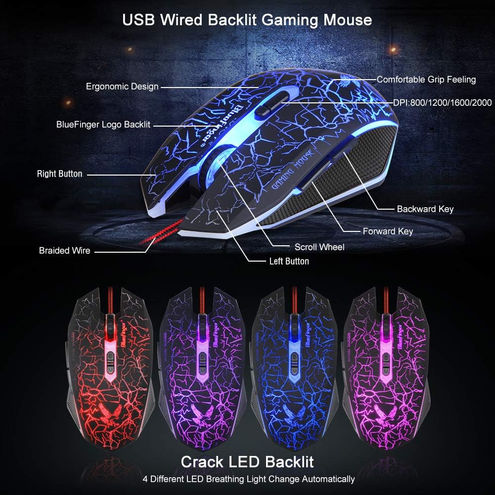 BlueFinger Backlit Gaming Keyboard and Mouse and LED Headset Combo,USB Wired 3 Color Crack Backlit Keyboard,Blue LED Light Gaming Headset,Gaming Keyboard Mouse Headphone Set for Work and Game