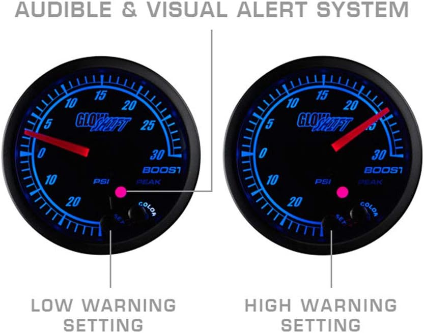 GlowShift Elite 10 Color 30 PSI Boost/Vacuum Gauge Kit - Includes Electronic Pressure Sensor - Black Dial - Tinted Lens - Peak Recall Function - for Car & Truck - 2-1/16" 52mm