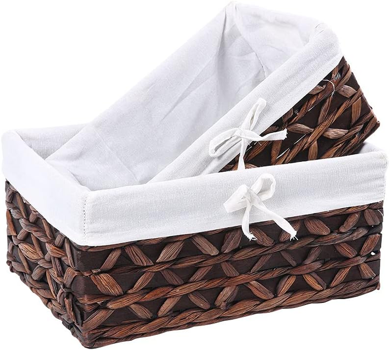 HDKJ Woven Storage Baskets with Liner, Water Hyacinth Rectangular Decorative Bins for Parlor Bedroom Bathroom Laundryroom Shelves Organizing. (QZXW-Set of 2) Pack of 2