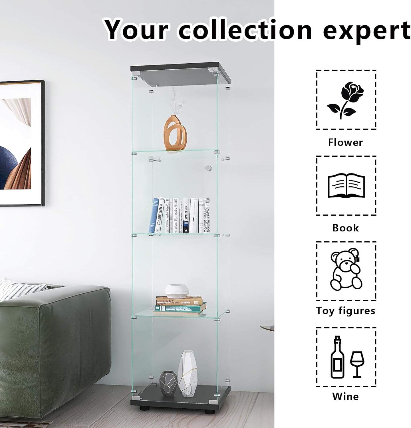Glass Display Cabinet 4 Shelves with Door,4mm TemperedGlass CurioCabinets Floor Standing Bookshelf for Living Room,Bedroom,Office