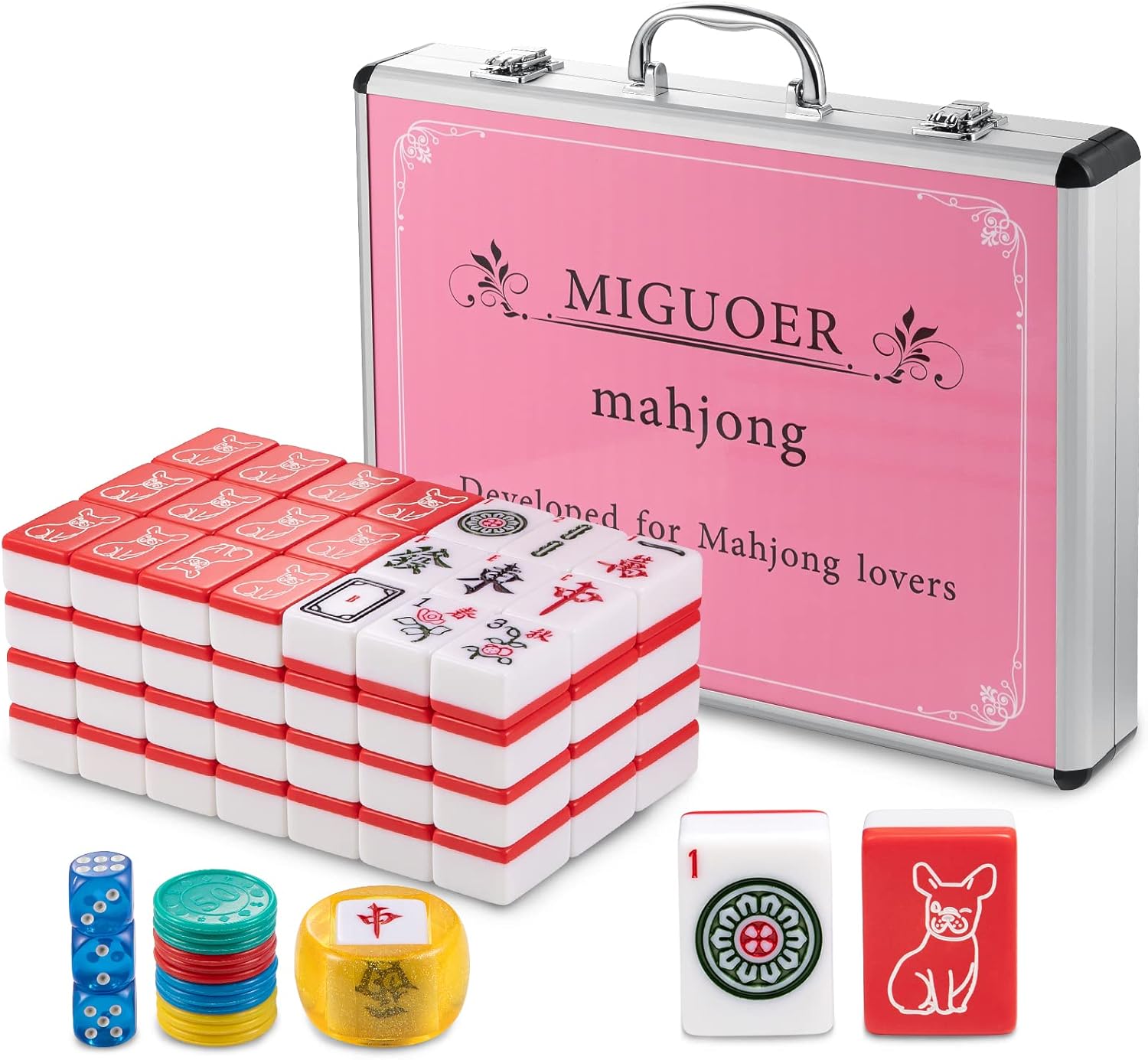 Chinese Mahjong Set with 144 Tiles|Patterned on The Back|with Arabic Numerals|with Wind Indicator, dice and Chips,Weighs About 15 pounds