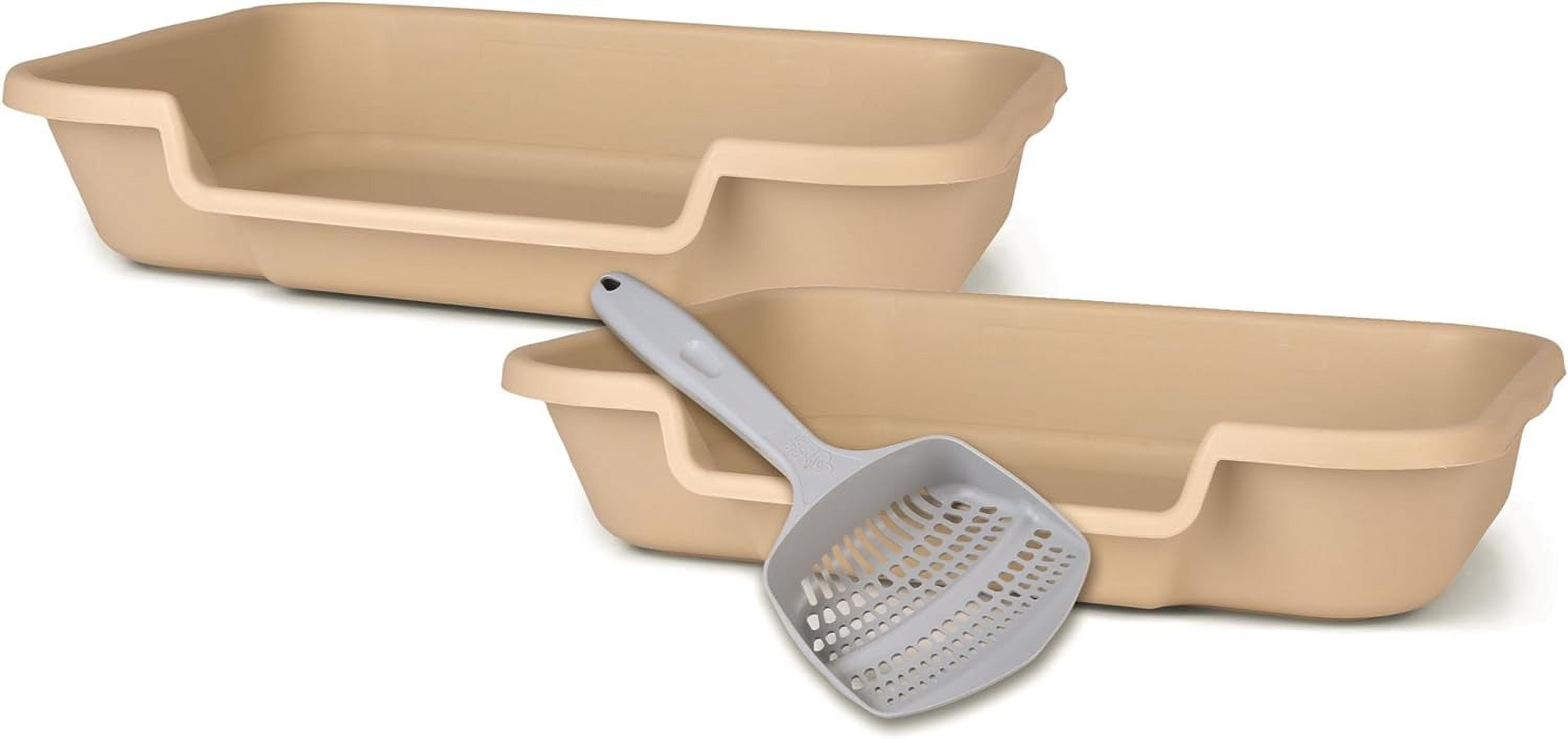 Senior Cat Litter Box, Large Size, Beach Sand, Pet Safe Kitty Litter Box, Low 3" Entry, Lots More Room for Your Cats Comfort - Includes 2 Kitty Pans & 1 Curved Pet Scoop