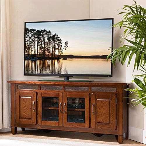 Beaumont Lane 57 Corner TV Stand Console Solid Wood with Glass Wooden Cabinet Storage in Rustic Autumn