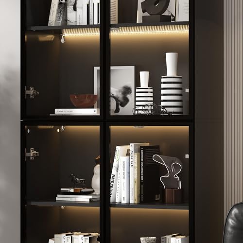 MOUMON Glass Display Cabinet with Lights & 4 Pop-up Doors, Glass Cabinet Display Case with 5-Tier Storage Shelves, for Living Room Hallway Black (31.5”W x 14.2”D x 78.7”H)