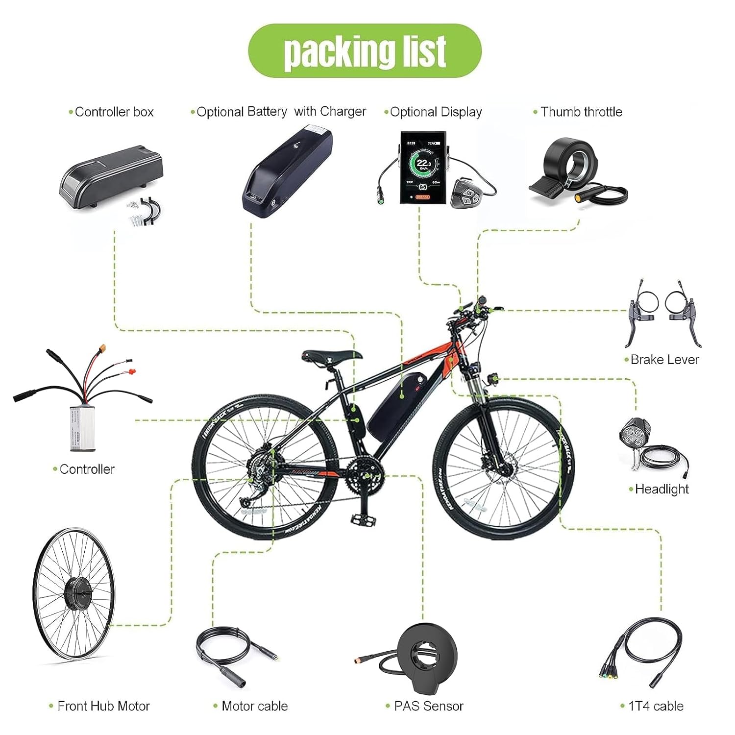 BAFANG 48V 500W Front Hub Motor Electric Bike Conversion Kit for 26 inch /700C Wheel Drive Engine with Optional LCD Display & Battery and Charger