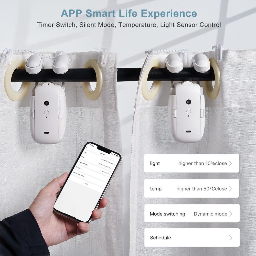Smart Automatic Curtain Opener: 2PCS Remote Control Electric Curtain Robot with App/WiFi/Remote, High-Performance Motor Compatible with Alexa, Google, Siri for Roman Rod, T/U-shaped Track