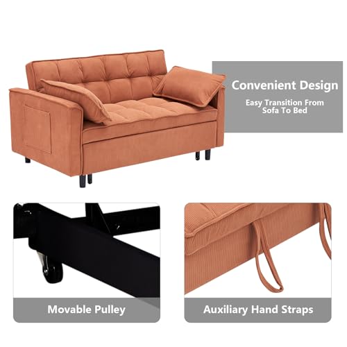 3 in 1 Convertible Sleeper Sofa Bed,Futon Loveseat Couch with Pull-Out Bed & Adjustable Backrest,Velvet Fabric Sofa with Side Pocket for Small Apartment, Living Room, Office (Black)
