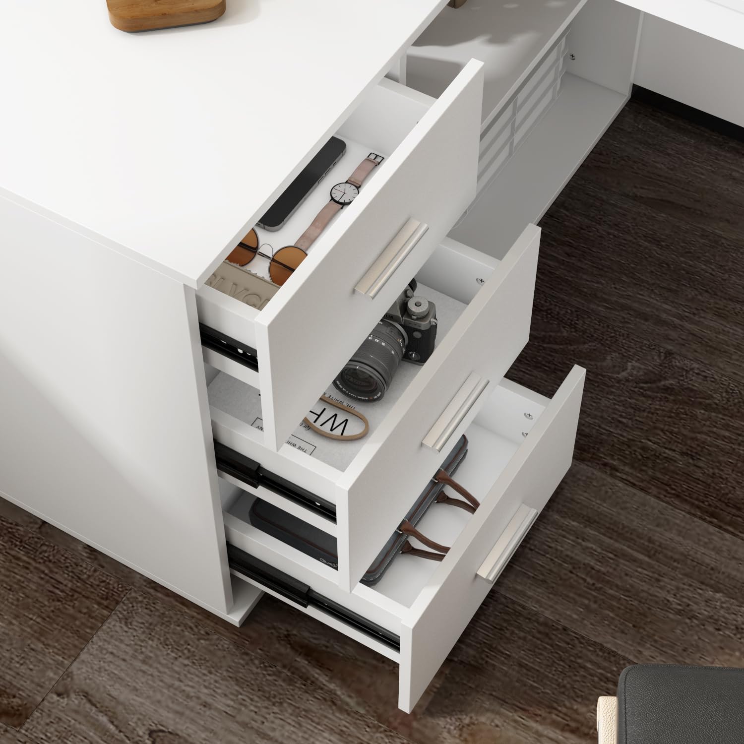 Homsee White L-Shaped Computer Desk with 3 Drawers and 2 Shelves for Writing Study Work Executive, 55 Inch Bedroom Wood Table Workstation Desk with Storage Cabinet
