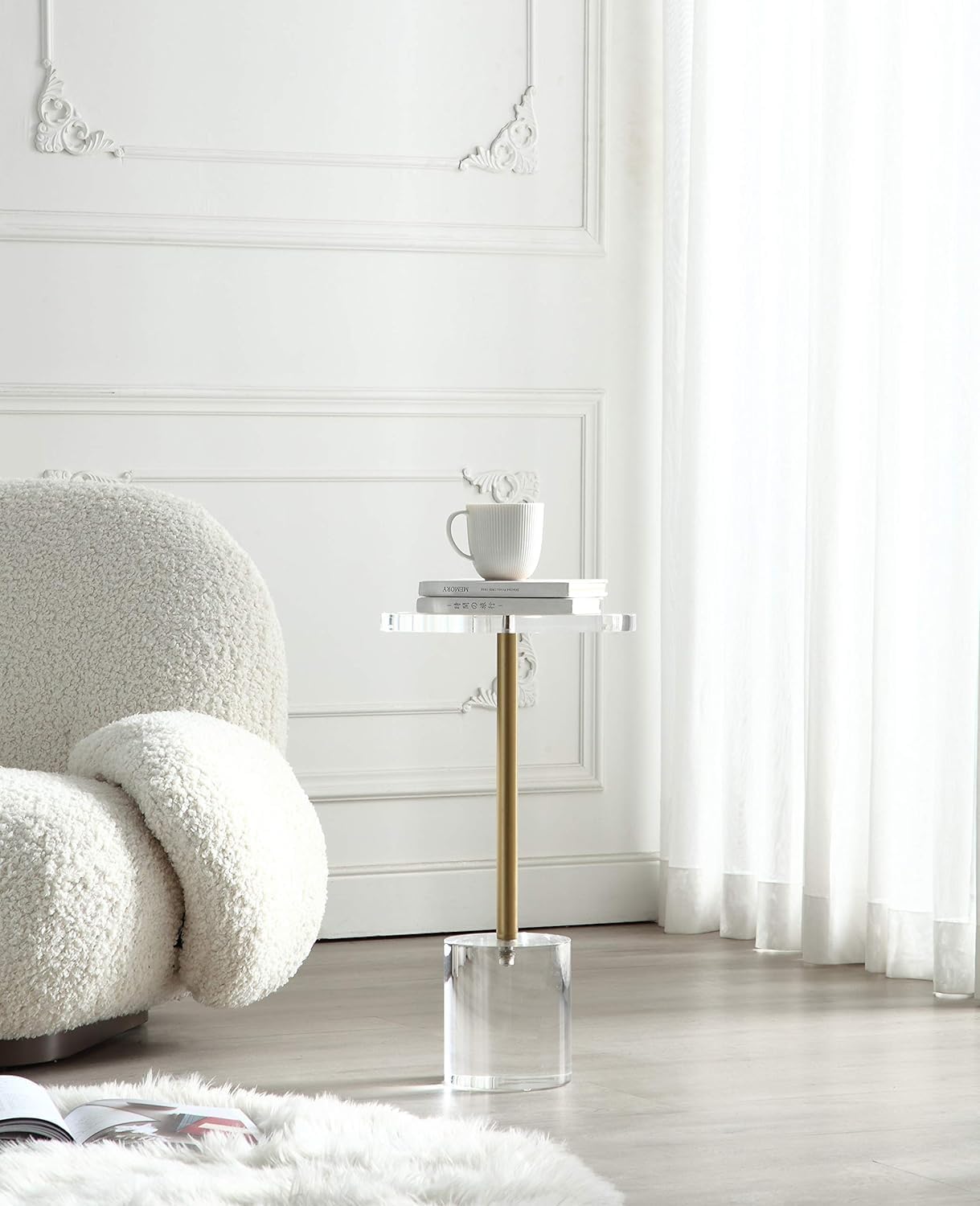 Silver Pole Clear Acrylic End Table,Side Table,Brushed Brass Metal,Round,for Office, Living Room and Bedroom