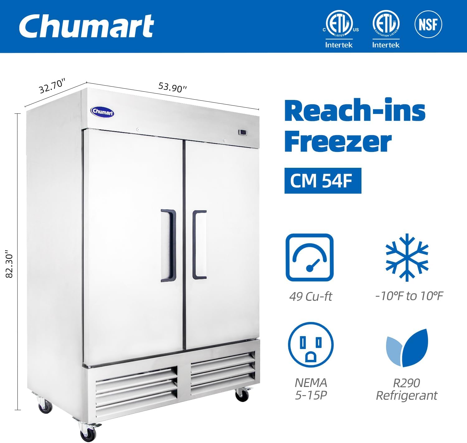 54" W Commercial Freezer with 2 door Stainless Steel 49 Cu. Ft Reach-in Freezer 6 Adjustable shelves Fan Cooling Freezer for Restaurant, Commercial Kitchen, Shop, ETL Certification
