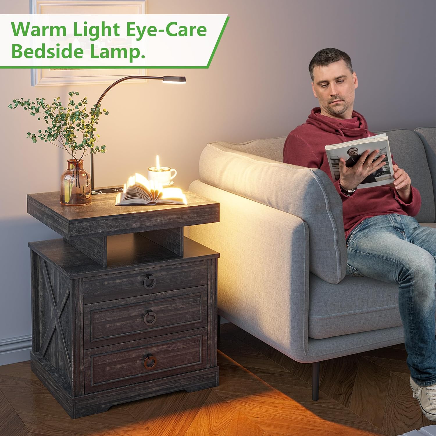 HNEBC Nightstand Side Table with Gun Case,Night Stand with Wireless Charging Station, Farmhouse Bedside Table with 2 Drawers, End Table with Bedside Lamp for Living Room/Bedroom, Rustic Brown